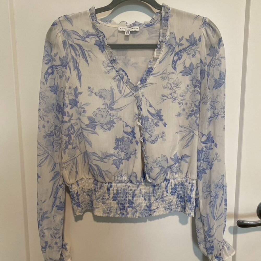 Maison d’Amélie Blue Floral Blouse | Sheer Long Sleeve | Size M